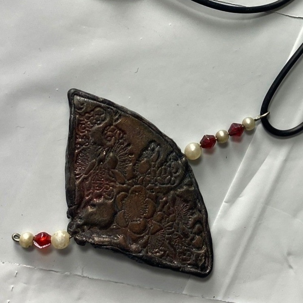 Unique Fan Pendant‎ Necklace Cord Beaded Accent Antique Style